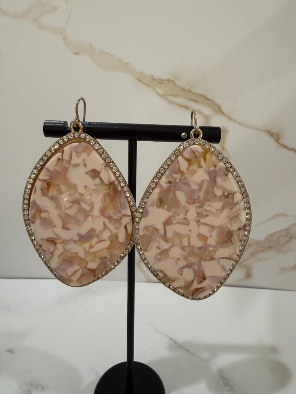 Gold Rhinestone Framed Cream Marbled Terrazzo Oval Drop Earrings Pierced